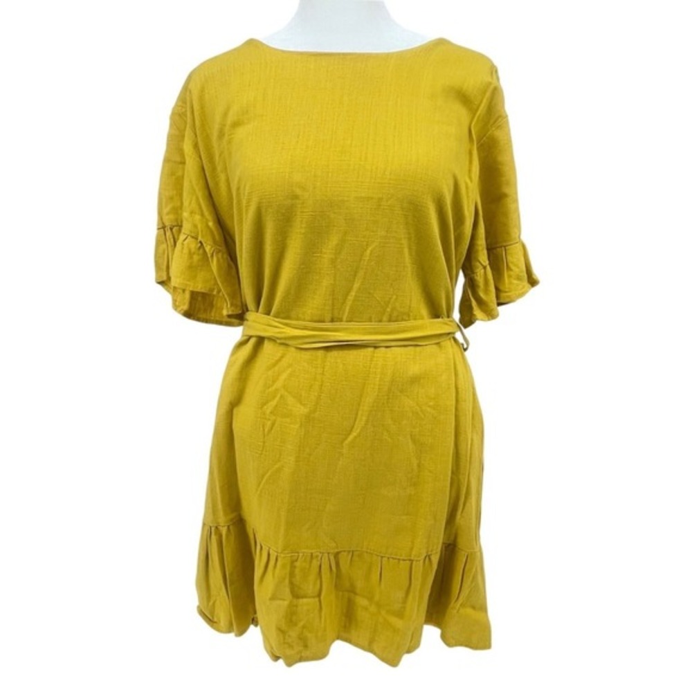 Loveriche Women's Dress Large‎ Yellow Linen Blend Short Sleeve Ruffle Boho Chic